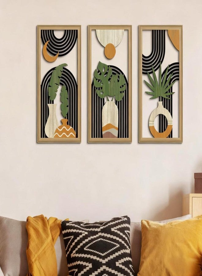Funvalley Surperfect Boho Abstract Wall Art Set of 3 - Modern Wooden Wall Decor with Geometric & Botanical Designs, Mid-Century Minimalist Aesthetic for Living Room, Bedroom, Office - 30x15cm - Image 2