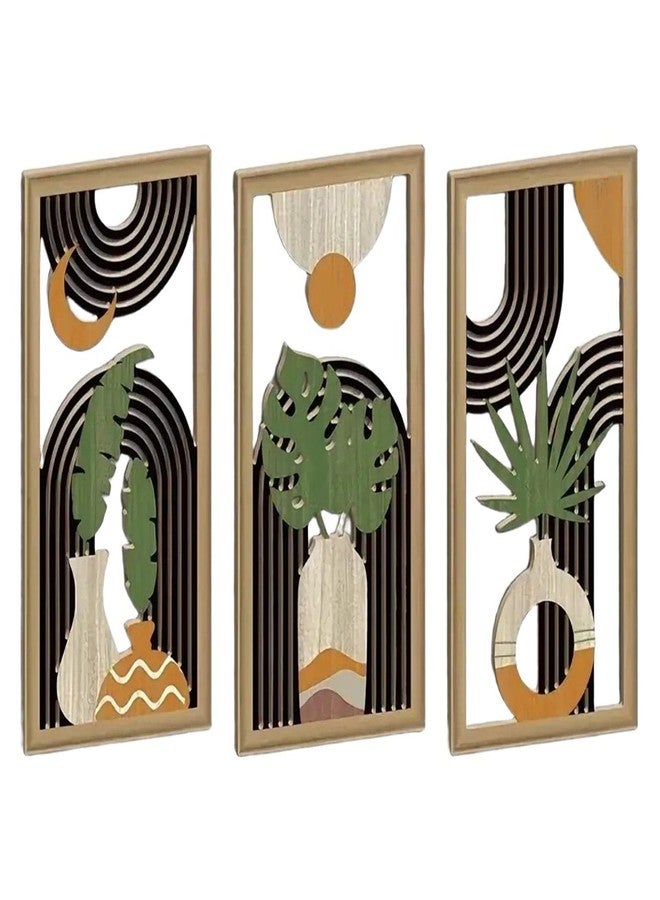 Funvalley Surperfect Boho Abstract Wall Art Set of 3 - Modern Wooden Wall Decor with Geometric & Botanical Designs, Mid-Century Minimalist Aesthetic for Living Room, Bedroom, Office - 30x15cm - Image 1