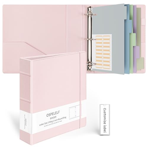 Ospelelf Vintage Hardcover 3 Ring 2 inch Leather Binder, Professional Binders Organizer Suitable for Letter Size Documents, Binder Dividers with Tabs, Rose Pink - Image 1