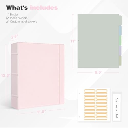Ospelelf Vintage Hardcover 3 Ring 2 inch Leather Binder, Professional Binders Organizer Suitable for Letter Size Documents, Binder Dividers with Tabs, Rose Pink - Image 5