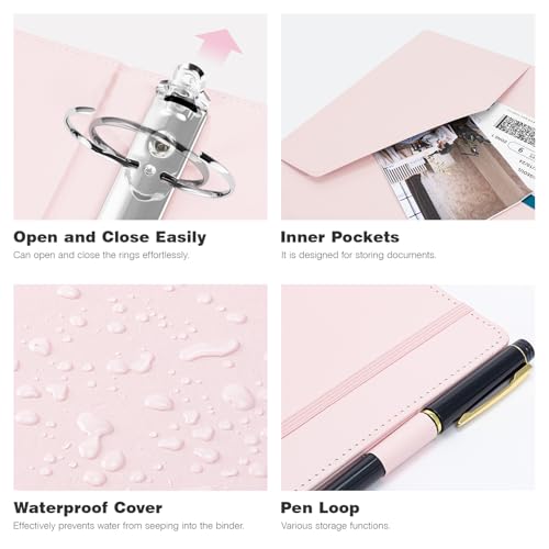 Ospelelf Vintage Hardcover 3 Ring 2 inch Leather Binder, Professional Binders Organizer Suitable for Letter Size Documents, Binder Dividers with Tabs, Rose Pink - Image 3