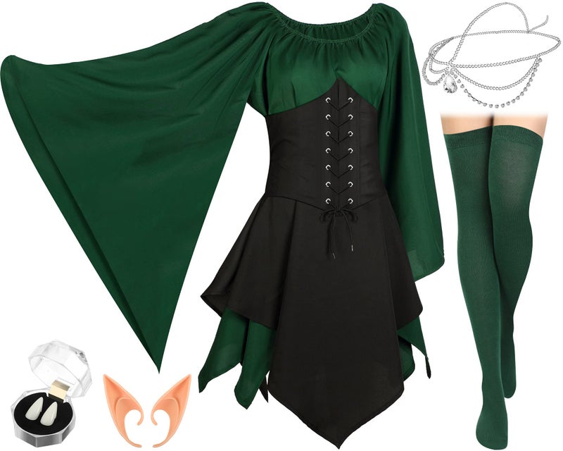 Jadive 5 Pcs Women Elf Renaissance Medieval Dress Traditional Irish Fairy Viking Costume Elf Ear for Halloween Cosplay PartySmallGreen Black