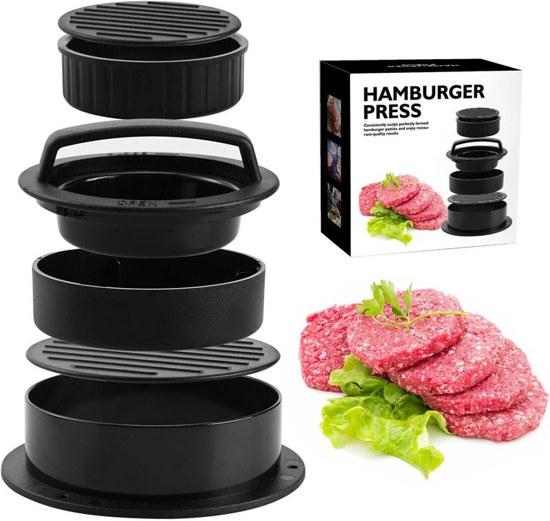 Hamburger Press 3 in 1 Manual Meat Patty Maker, Non Stick Round Plastic Black - Easy Release, Durable ABS Material, Ideal for Home and Outdoor Use - Image 1