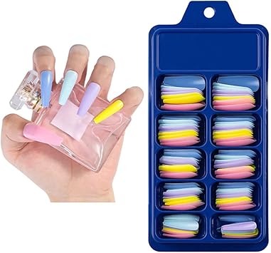 Amni 100 x Natural Look False Nail Tips 10 Sizes Matte Full Cover Long StilettoPointy Fake Nails Art Manicure UK MULTI BLUE YELLOW NAILS - Image 1