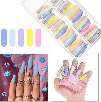 Amni 100 x Natural Look False Nail Tips 10 Sizes Matte Full Cover Long StilettoPointy Fake Nails Art Manicure UK MULTI BLUE YELLOW NAILS - Image 2
