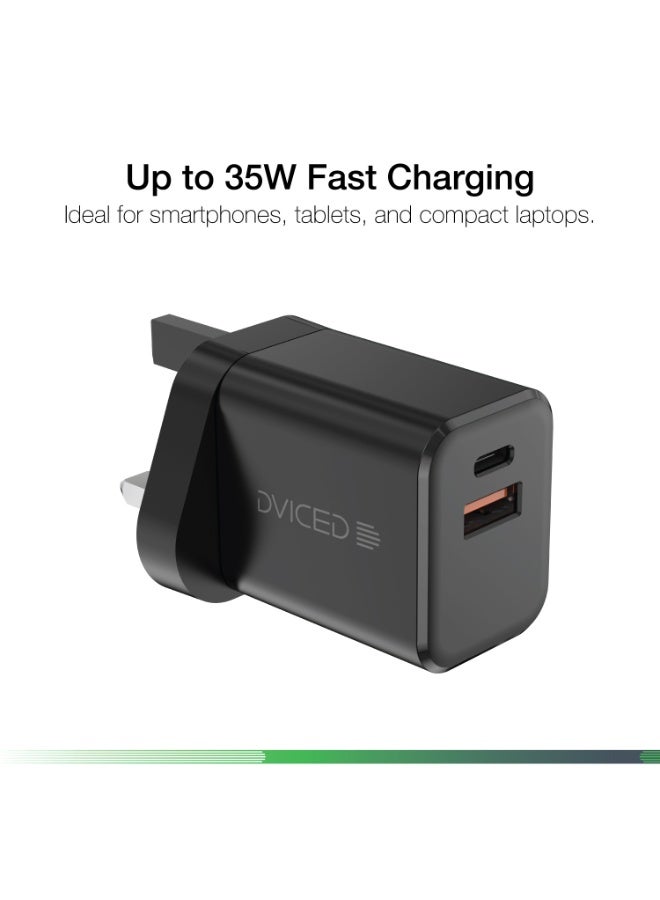 Dviced Wall charger 35W GaN with 1 USB-A 1 USB-C port , UK plug - Black - Image 2