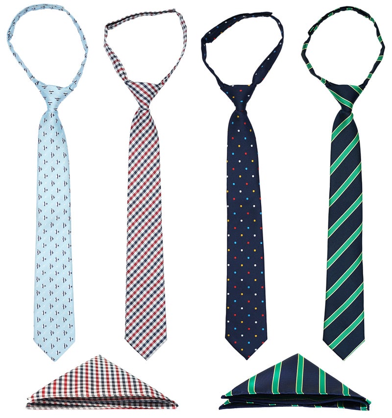 BELLUNO Boy's Pre-tied Necktie and Pocket Square Set, Hook and Loop Small Ties for Kids and Pre-teens - Image 1