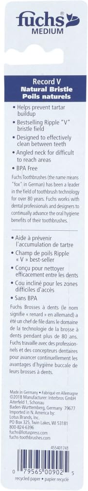 Fuchs: Pure Natural Bristle Record V Adult Medium Toothbrush, 1 ct (5 Pack) - Image 3