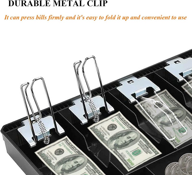 Homava Money Tray Cash Register Drawer Insert Tray Portable Currency Till Replacement Money Organizer Storage Box with 4 Bills 3 Coins Compartments | Metal Clip | 32 X 24.5 X 35 cm | Black - Image 3