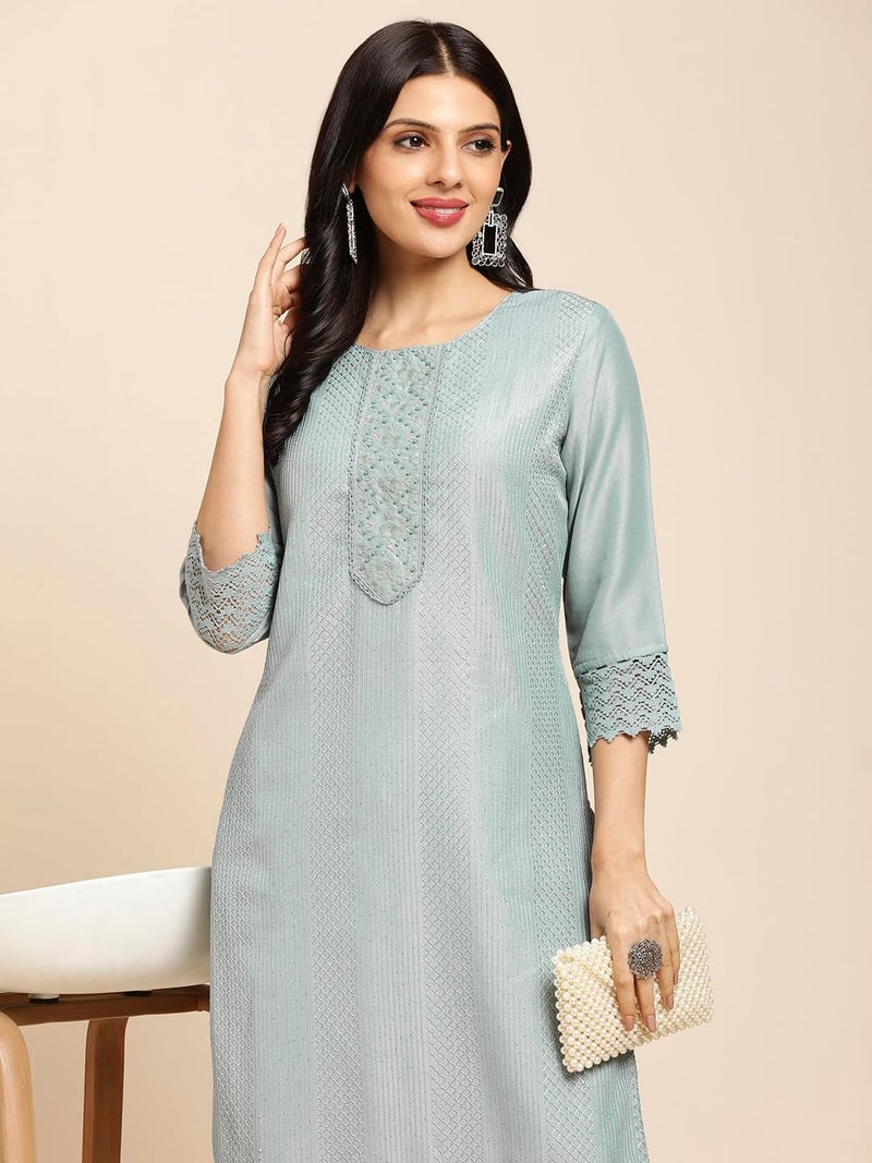 RATAN Women Art Silk Blend Straight Fit Lucknowi Chikankari Ethnic Wear Kurta (FIZA-806-3X-Large_Blue) - Image 5