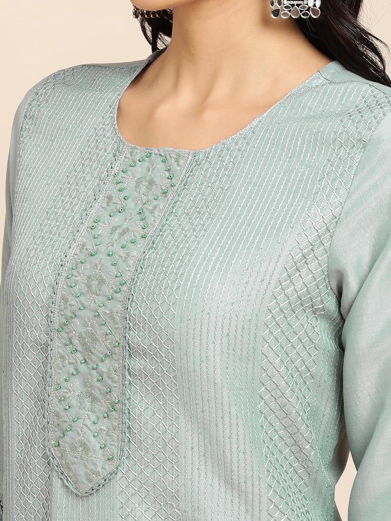 RATAN Women Art Silk Blend Straight Fit Lucknowi Chikankari Ethnic Wear Kurta (FIZA-806-3X-Large_Blue) - Image 2