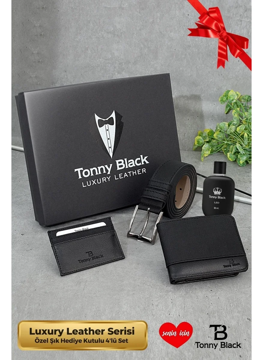 tonny black Original Men's Special Gift Boxed Set of 4 Luxury Series Gift Accessory Box Dowry Wedding Groom Set for Father Stylish Classic Leather Belt Wallet Card Holder and Perfume Set