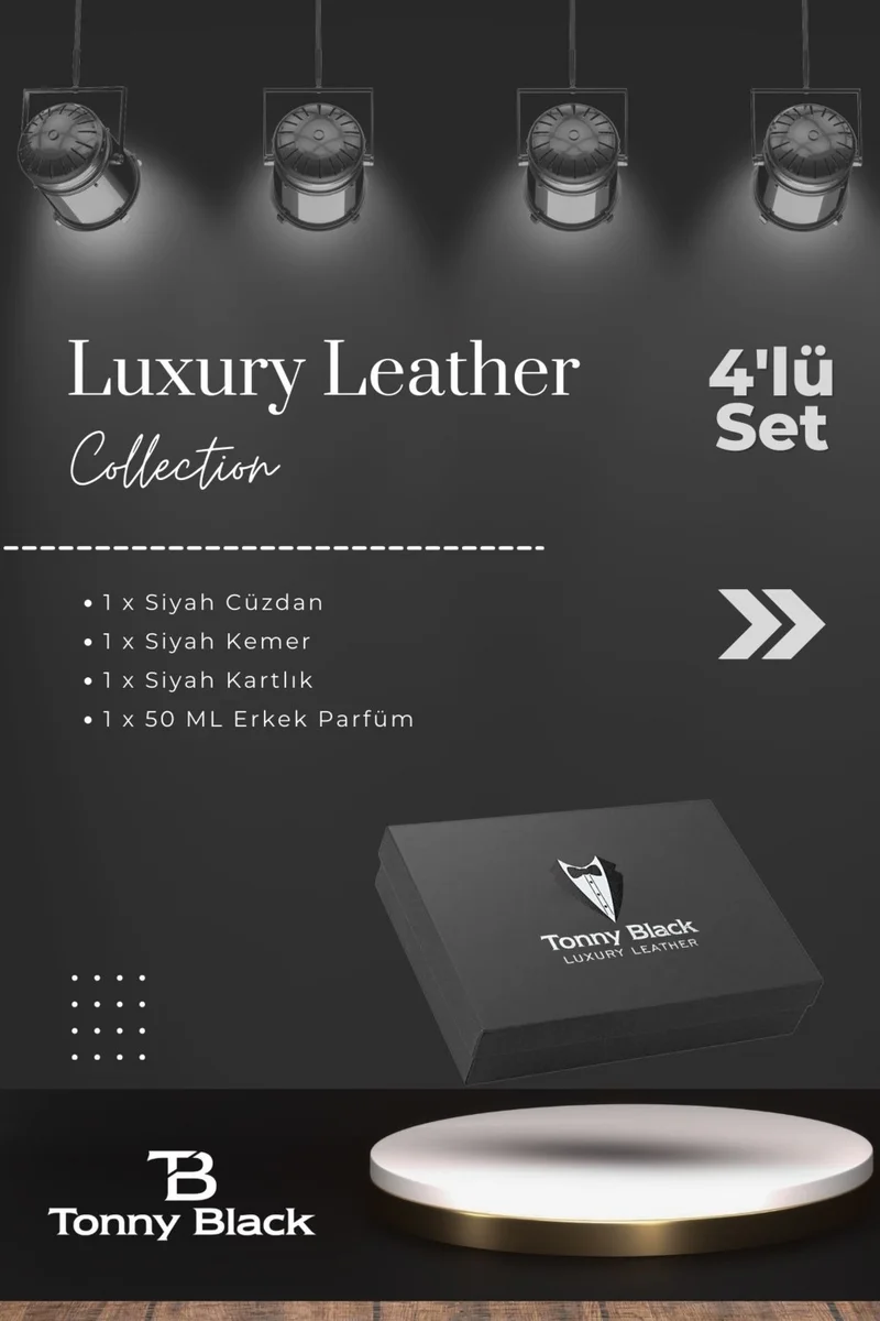 توني بلاك Original Men's Special Gift Boxed Set of 4 Luxury Series Gift Accessory Box Dowry Wedding Groom Set for Father Stylish Classic Leather Belt Wallet Card Holder and Perfume Set