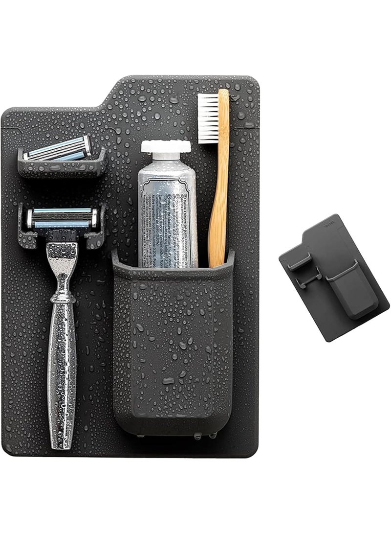 SYOSI Wall Toothbrush Holders for Bathrooms, Razor Holder for Shower Removable Silicone Toothbrush Caddy for Toothpaste Storage, No Punching Organizer Rack, Easy to Install, Black - Image 1