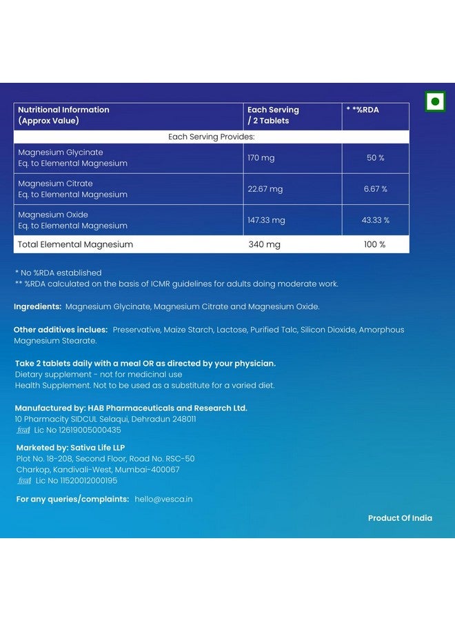 Vesca فيزكا مغنيسيوم جليسينات مخلب، سترات، أكسيد | تحسين النوم | تخفيف التوتر | مركب مغنيسيوم ثلاثي عالي الامتصاص للرجال والنساء | 100% نباتي ونباتي | 340 ملغ_30 قرص - Image 2