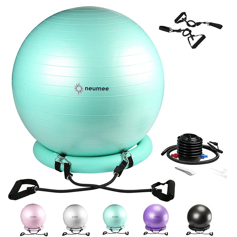 NEUMEE Yoga Ball Chair with 65cm Exercise Ball & 2 Resistance Bands, Stability Base for Home Office, Yoga, Pilates & Fitness, Balance Ball for Posture, Core Strength & Low Impact Workouts (Teal)