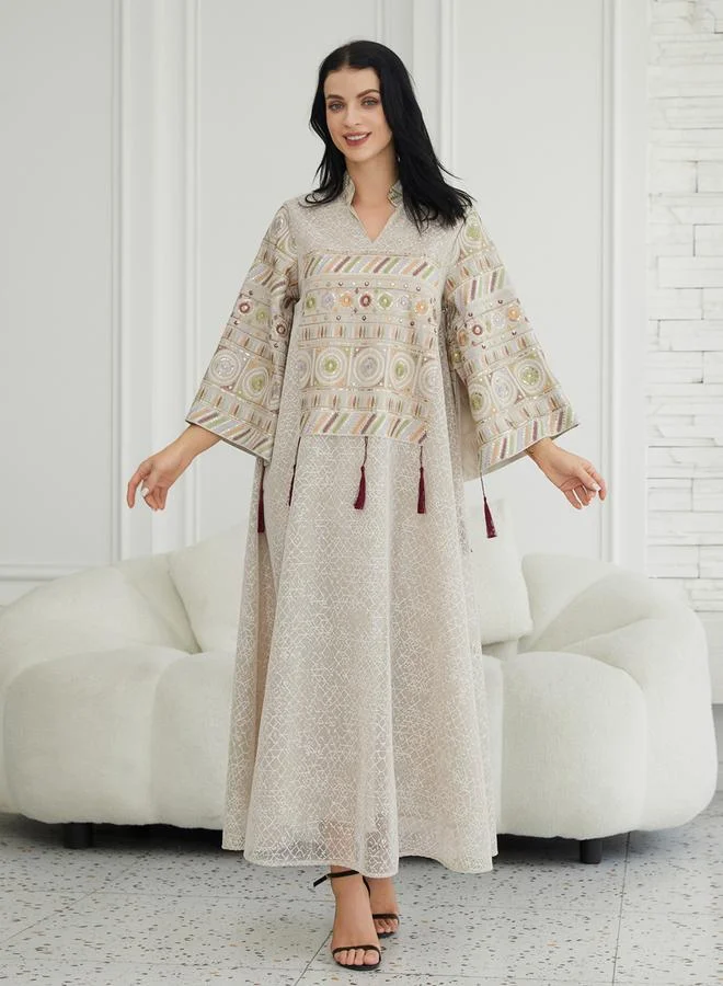 تايك تو Texture Fabric Sequin Patch Detail Jalabiya