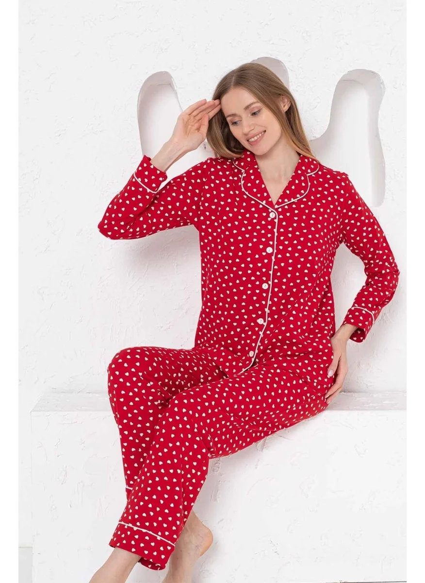 Bie'S Women's Red Heart Front Buttoned Shirt Collar Long Sleeve Seasonal Cotton Lycra Pocket Pajama Set