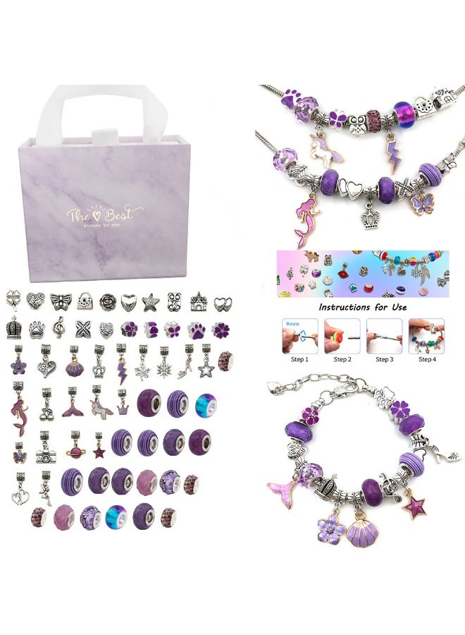 DIY Charm Bracelet Making Kit for Girls, 63pcs Bracelets Kit with Charms, Bracelets and Beads, Creative Jewelry Making Kit Gift Box for Kids 6-12 Years, HK541 (Purple) - Image 1