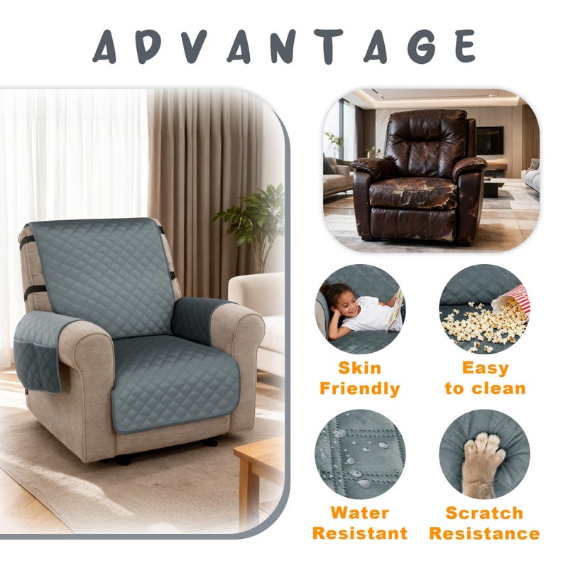 MCombo Waterproof Recliner Chair Cover, Velvet Non Slip Recliner Cover with Pockets, Furniture Protector Washable Recliner Slipcovers for Pets, Kids (Dark Grey, 1 Seat) - Image 4
