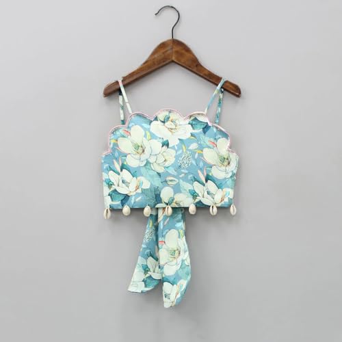 GORLYA Girl's Rayon Floral Printed Scalloped Cut Back Tie Knot Top with Lehenga Set (5-6 Years, Light Green) - Image 4