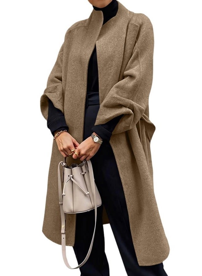Cicy Bell Womens Long Pea Coats Oversized Wrap Wool Blend Trench Coats Winter Open Front Cardigan Overcoats, Brown, XL - Image 1