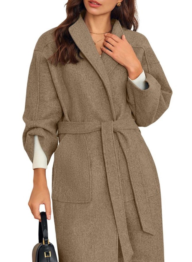 Cicy Bell Womens Long Pea Coats Oversized Wrap Wool Blend Trench Coats Winter Open Front Cardigan Overcoats, Brown, XL - Image 4
