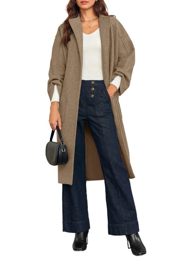 Cicy Bell Womens Long Pea Coats Oversized Wrap Wool Blend Trench Coats Winter Open Front Cardigan Overcoats, Brown, XL - Image 2