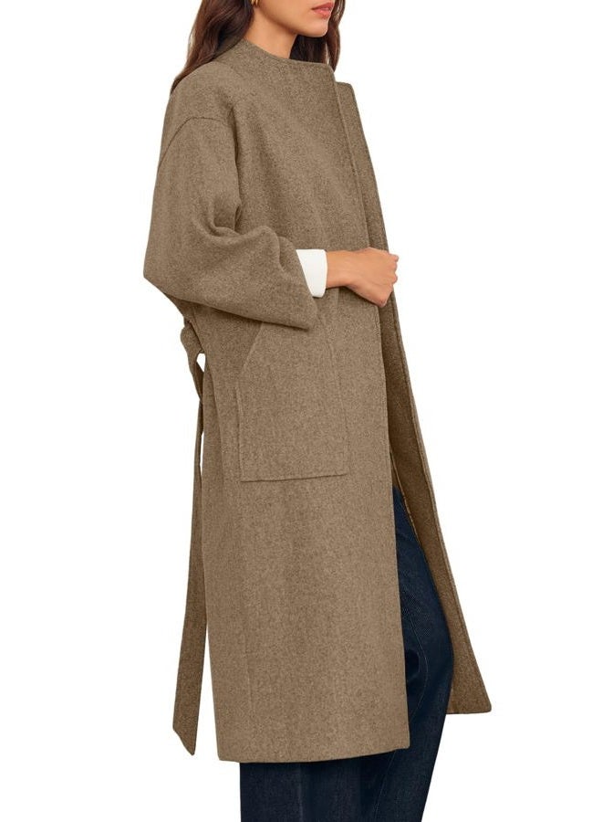 Cicy Bell Womens Long Pea Coats Oversized Wrap Wool Blend Trench Coats Winter Open Front Cardigan Overcoats, Brown, XL - Image 5