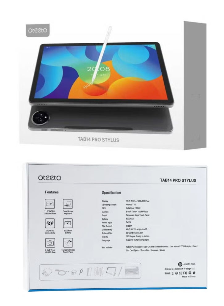 Oteeto Tab 14 Pro Stylus | Slim Design | 5G Tablet Dual SIM with Bluetooth Keyboard Case, Mouse & Stylus Pen – 12GB RAM 512GB Storage, 11.0" Large Display, 8000mAh Battery, Fast Charging, Tempered Glass, 13MP Rear + 8MP Front Camera, WiFi, High Performance Tablet – (Gray) - Image 5