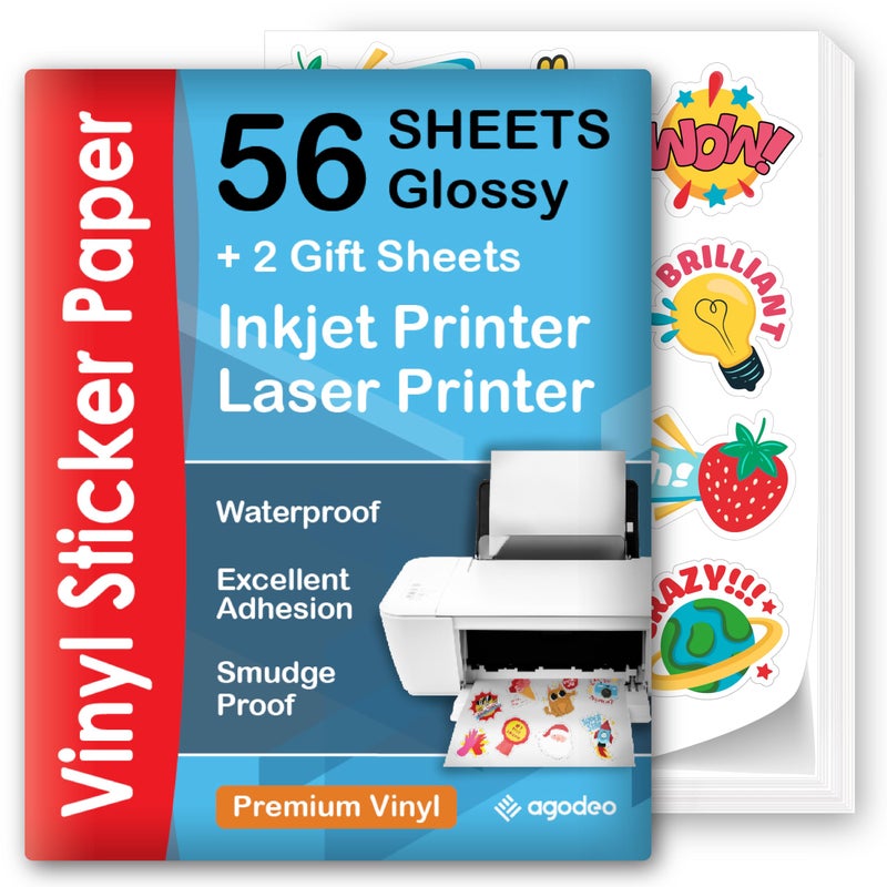 AgoDeo Premium Printable Vinyl Sticker Paper for Inkjet & Laser Printer - 56 Sheets - Glossy White - Self-Adhesive Waterproof Sheets - Dries Quickly & Vivid Colors - Holds Ink Well - Tear Resistant - Image 1