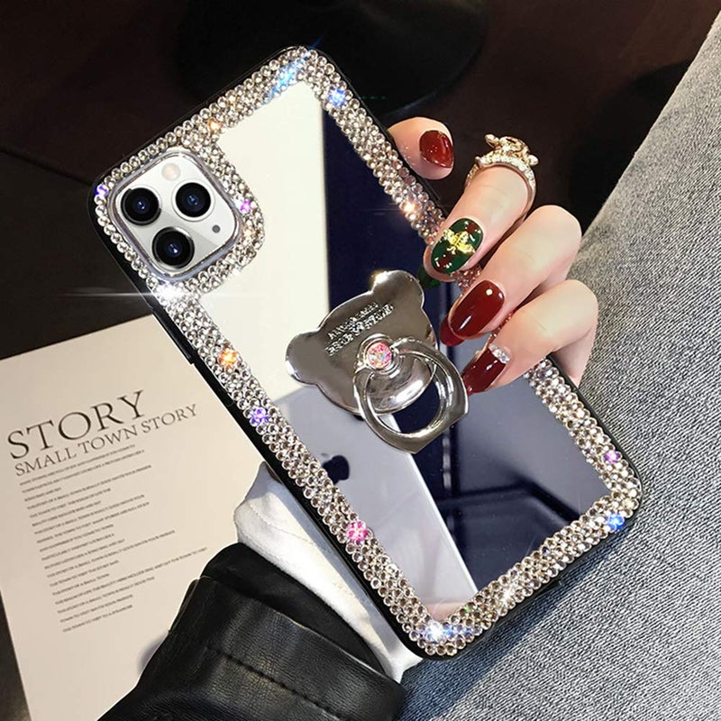 LUVI Compatible with iPhone 12 Pro Max Diamond Glitter Case Makeup Mirror with Ring Holder Kickstand Stand Bling Rhinestone Crystal Cute for Women Girls with Finger Grip Case 6.7 inch Silver - Image 1