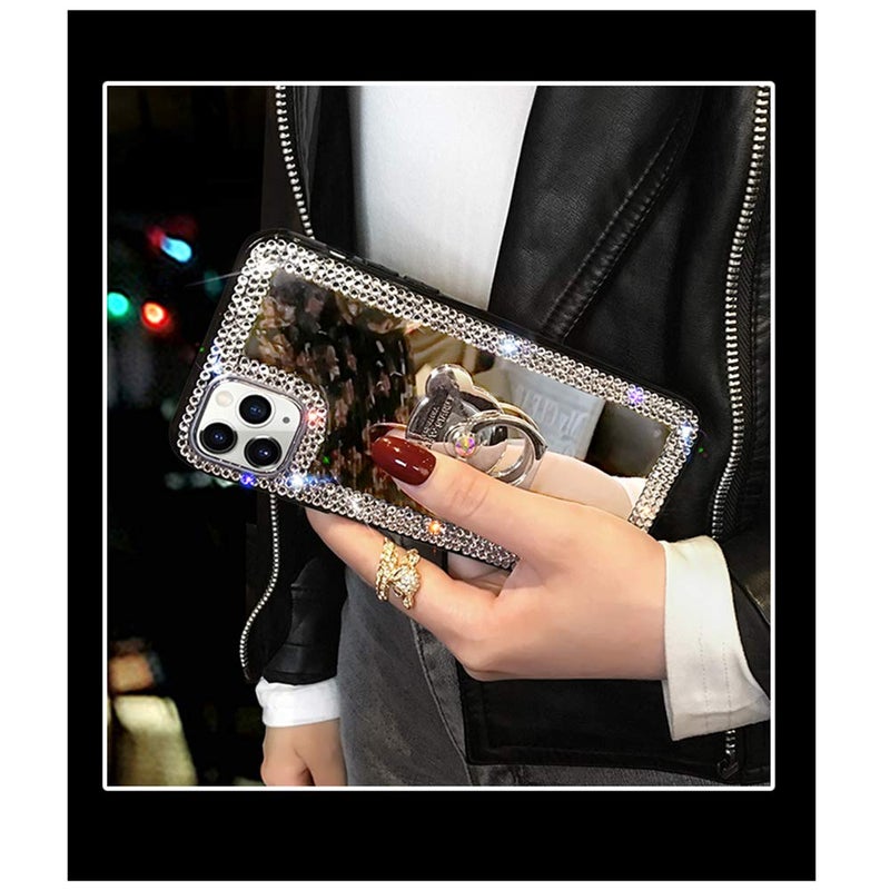 LUVI Compatible with iPhone 12 Pro Max Diamond Glitter Case Makeup Mirror with Ring Holder Kickstand Stand Bling Rhinestone Crystal Cute for Women Girls with Finger Grip Case 6.7 inch Silver - Image 3