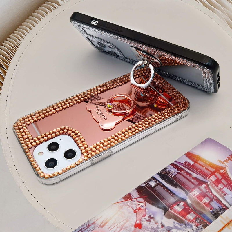 LUVI Compatible with iPhone 12 Pro Max Diamond Glitter Case Makeup Mirror with Ring Holder Kickstand Stand Bling Rhinestone Crystal Cute for Women Girls with Finger Grip Case 6.7 inch Silver - Image 5