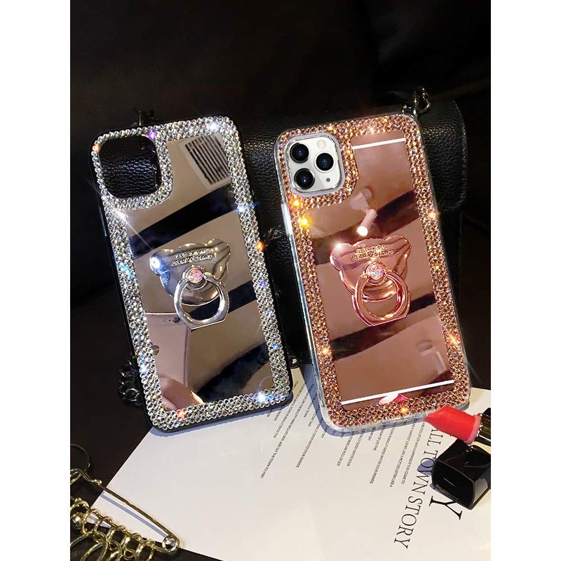 LUVI Compatible with iPhone 12 Pro Max Diamond Glitter Case Makeup Mirror with Ring Holder Kickstand Stand Bling Rhinestone Crystal Cute for Women Girls with Finger Grip Case 6.7 inch Silver - Image 2