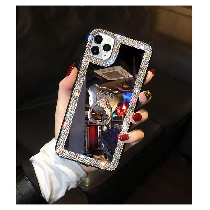 LUVI Compatible with iPhone 12 Pro Max Diamond Glitter Case Makeup Mirror with Ring Holder Kickstand Stand Bling Rhinestone Crystal Cute for Women Girls with Finger Grip Case 6.7 inch Silver - Image 4