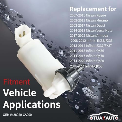 OTUAYAUTO Windshield Washer Pump - Replacement for Nissan Murano Quest Rogue, Infiniti EX35 EX37 FX35 FX37 FX50 QX50 QX56 - Factory OE Style with Grommet, OEM: 28920-CA000 - Image 3