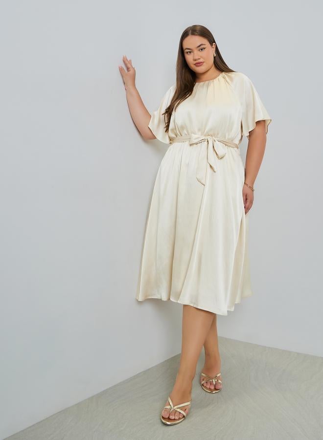 Styli Plus Size Satin Midi Dress with Tie-Belt - Image 1