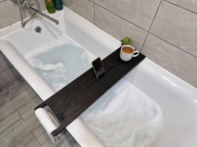 Runam Woods حامل حوض الاستحمام الفاخر من رنام وودز مع طاولة/مائدة، حامل كوب/زجاج ومناشف، طاولة حوض من الخشب الصلب، حامل حوض للسباحة، حامل سبا منزلي. (كبير - 40") - Image 4