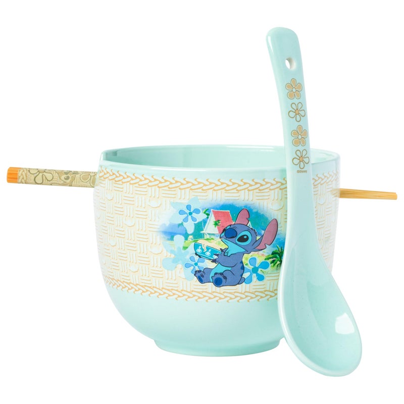 Silver Buffalo Silver Buffalo Disney Lilo and Stitch Slurping Noodles Ceramic Ramen Noodle Rice Bowl with Chopsticks and Spoon  Microwave Safe  20 Ounces  - Image 1