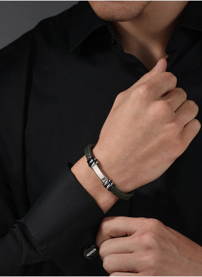 بوليس POLICE Highbridge Bracelet - Braided Green Leather with Adjustable Stainless Steel Clip - Men's Rugged & Refined  Style