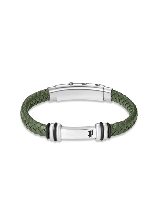 Police Highbridge Silver Stainless Steel and Green Braided Leather Bracelet for Men 180mm