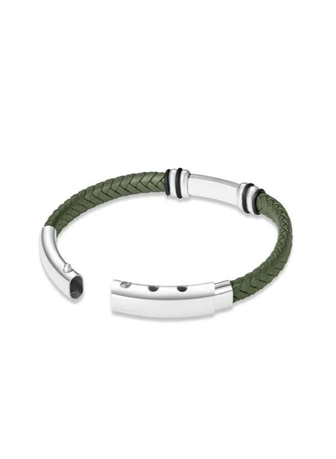 Police Highbridge Silver Stainless Steel and Green Braided Leather Bracelet for Men 180mm