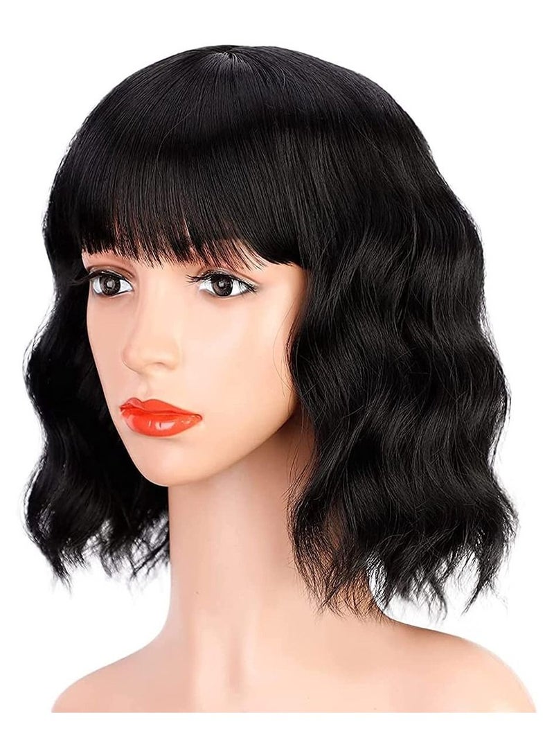 إستيل شعر مستعار قصير بوب أسود قصير متموج مع الانفجارات الباروكات الباستيل واقعية الألياف الاصطناعية مقاومة للحرارة للنساء - Image 2