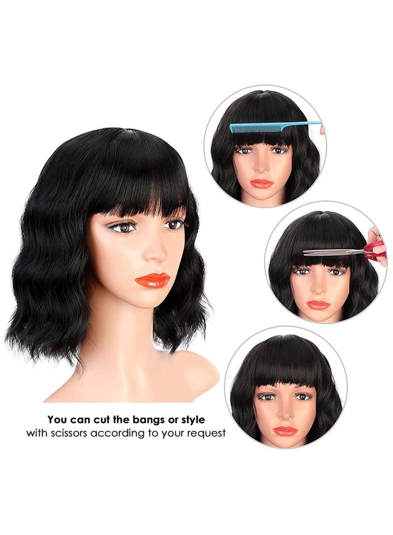 إستيل شعر مستعار قصير بوب أسود قصير متموج مع الانفجارات الباروكات الباستيل واقعية الألياف الاصطناعية مقاومة للحرارة للنساء - Image 4