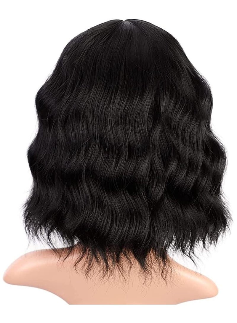 إستيل شعر مستعار قصير بوب أسود قصير متموج مع الانفجارات الباروكات الباستيل واقعية الألياف الاصطناعية مقاومة للحرارة للنساء - Image 5