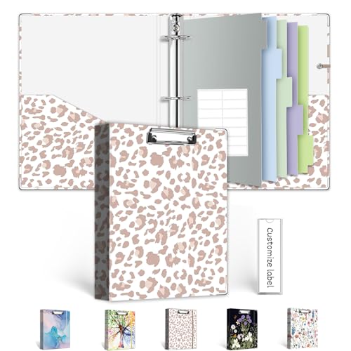 BVSSX Mini 3 Ring Binder 1 Inch for 55x85 Paper Cute Small Three Ring Binders with Clipboard5Tab Dividers Interior Pocket Spine ID Label Holder BVSSX A5 Binder with Pen HolderLeopard - Image 1