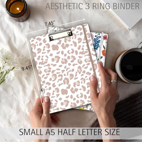 BVSSX Mini 3 Ring Binder 1 Inch for 55x85 Paper Cute Small Three Ring Binders with Clipboard5Tab Dividers Interior Pocket Spine ID Label Holder BVSSX A5 Binder with Pen HolderLeopard - Image 3