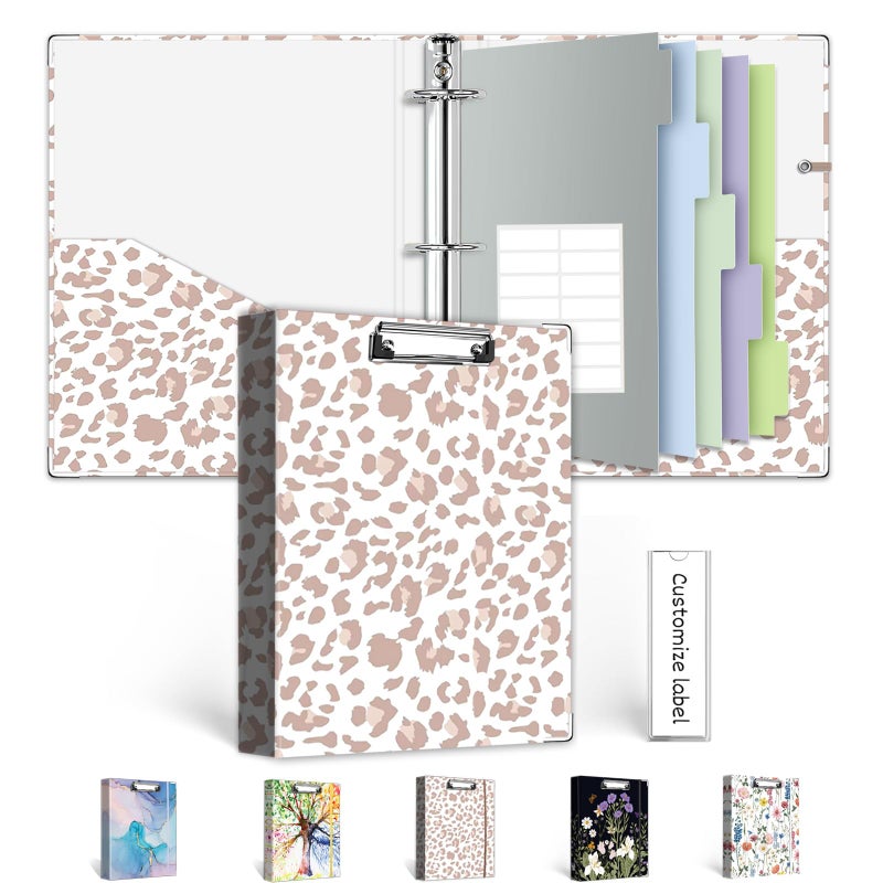 BVSSX Mini 3 Ring Binder 1 Inch for 55x85 Paper Cute Small Three Ring Binders with Clipboard5Tab Dividers Interior Pocket Spine ID Label Holder BVSSX A5 Binder with Pen HolderLeopard - Image 2