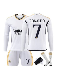 2324 ريال مدريد رونالدو رقم 7 مع جوارب متطابقة + معدات حماية بدلة كرة قدم بأكمام طويلة للأطفال والكبار، مناسبة كهدايا للجماهير والأصدقاء